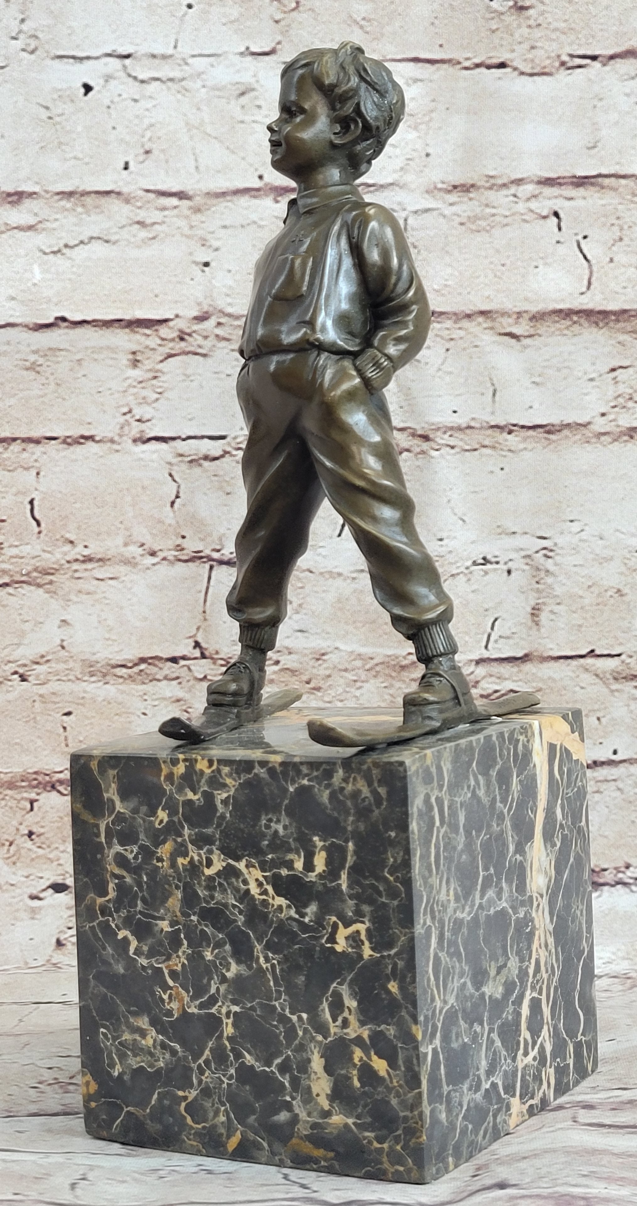 Little Boy on Skis Skiing Bronze Sculpture Statue Decor Art Figure on Marble Base