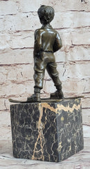 Little Boy on Skis Skiing Bronze Sculpture Statue Decor Art Figure on Marble Base
