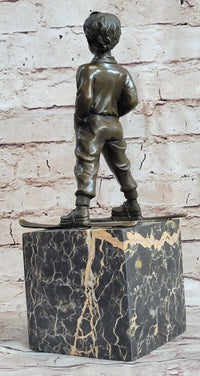 Little Boy on Skis Skiing Bronze Sculpture Statue Decor Art Figure on Marble Base