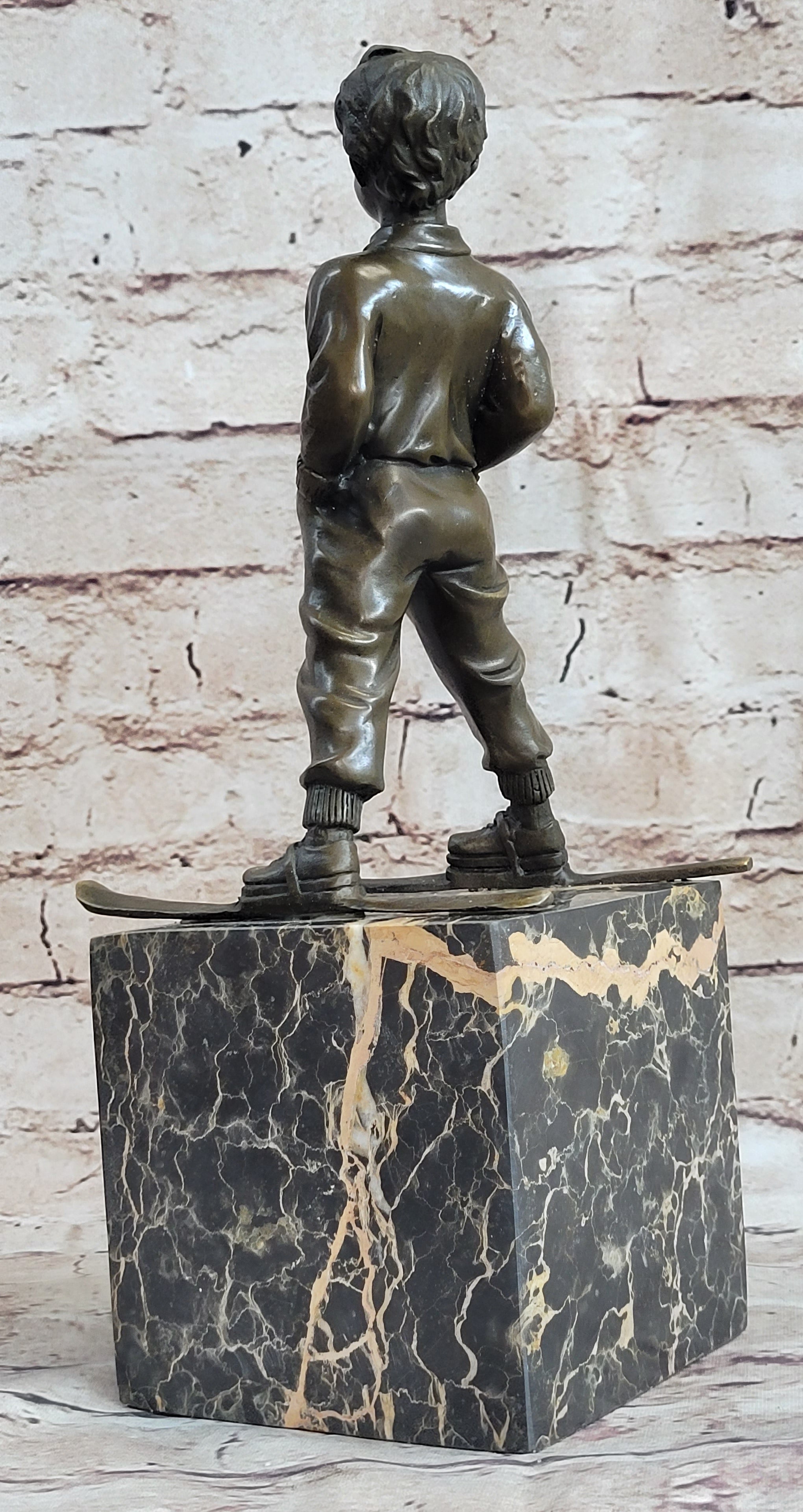 Little Boy on Skis Skiing Bronze Sculpture Statue Decor Art Figure on Marble Base