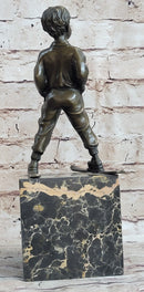 Little Boy on Skis Skiing Bronze Sculpture Statue Decor Art Figure on Marble Base