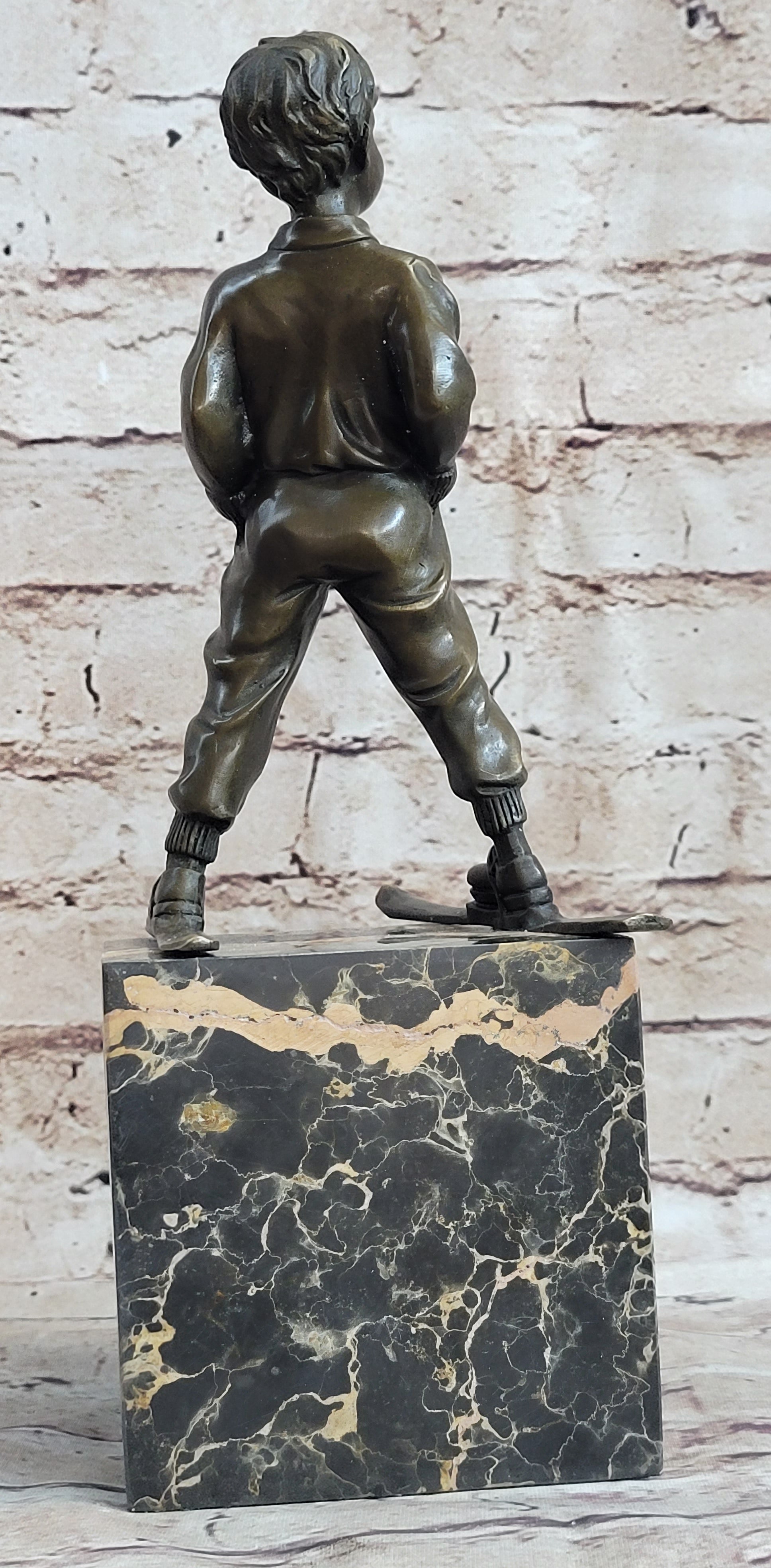 Little Boy on Skis Skiing Bronze Sculpture Statue Decor Art Figure on Marble Base