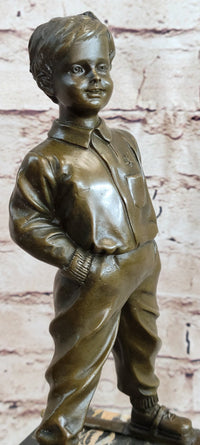 Little Boy on Skis Skiing Bronze Sculpture Statue Decor Art Figure on Marble Base