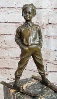 Little Boy on Skis Skiing Bronze Sculpture Statue Decor Art Figure on Marble Base