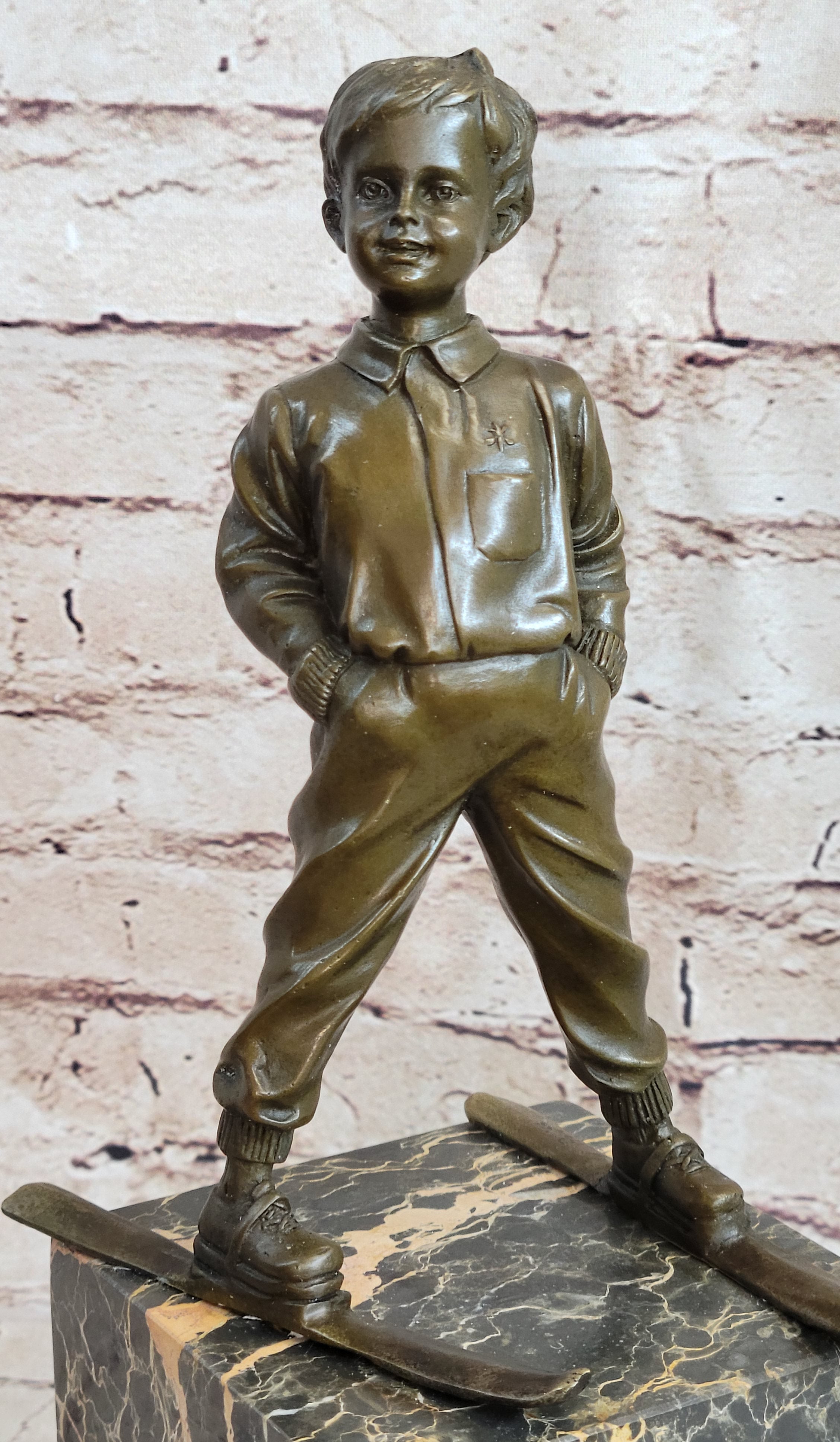 Little Boy on Skis Skiing Bronze Sculpture Statue Decor Art Figure on Marble Base