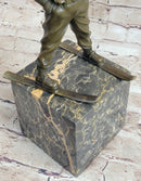 Little Boy on Skis Skiing Bronze Sculpture Statue Decor Art Figure on Marble Base
