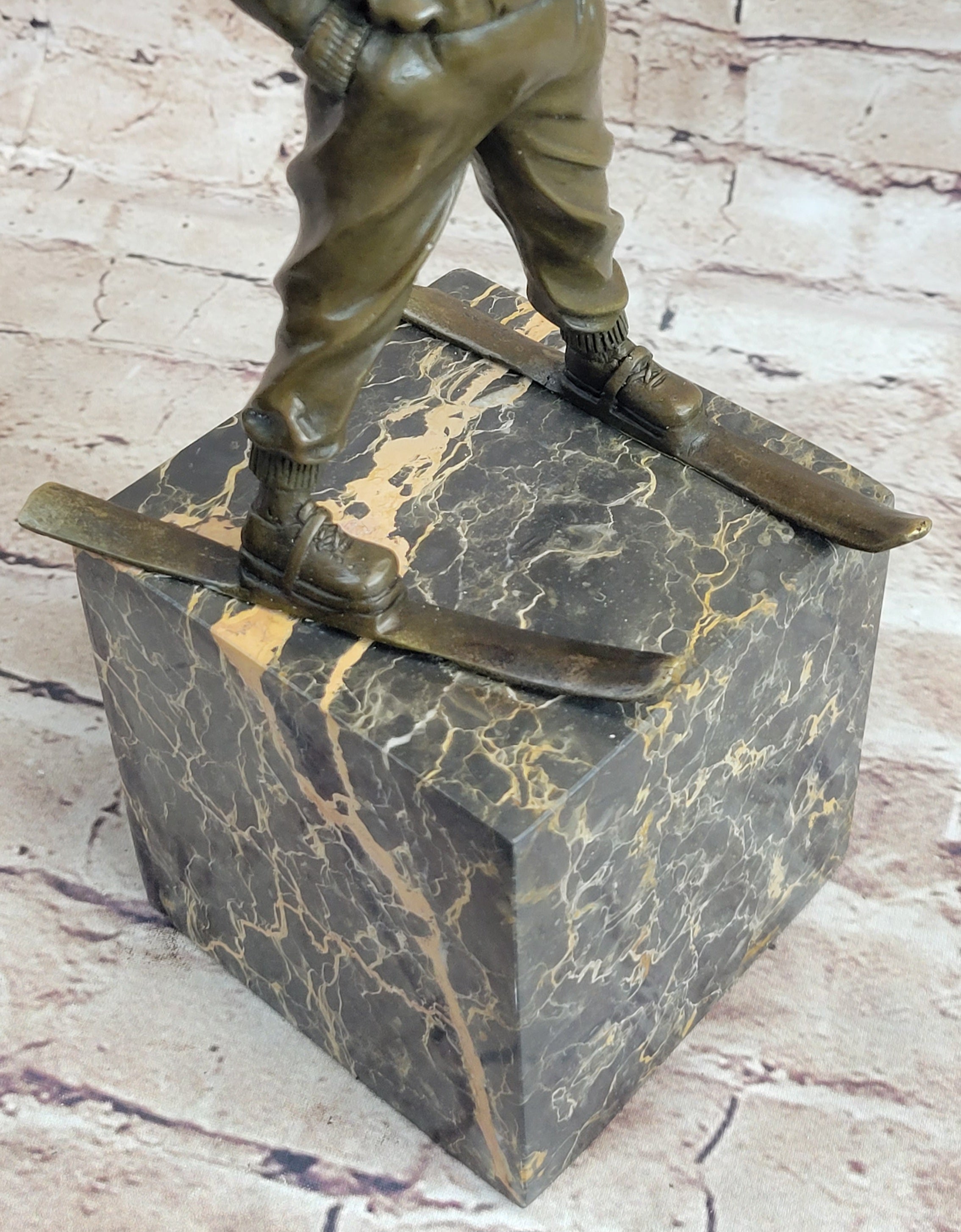 Little Boy on Skis Skiing Bronze Sculpture Statue Decor Art Figure on Marble Base
