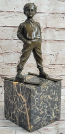 Little Boy on Skis Skiing Bronze Sculpture Statue Decor Art Figure on Marble Base