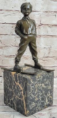 Little Boy on Skis Skiing Bronze Sculpture Statue Decor Art Figure on Marble Base
