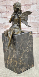 Hot Cast Bronze Sculpture Young Child Fairy Angel Girl Holding Flower