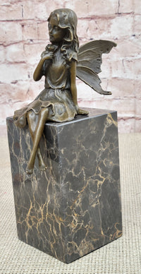 Hot Cast Bronze Sculpture Young Child Fairy Angel Girl Holding Flower