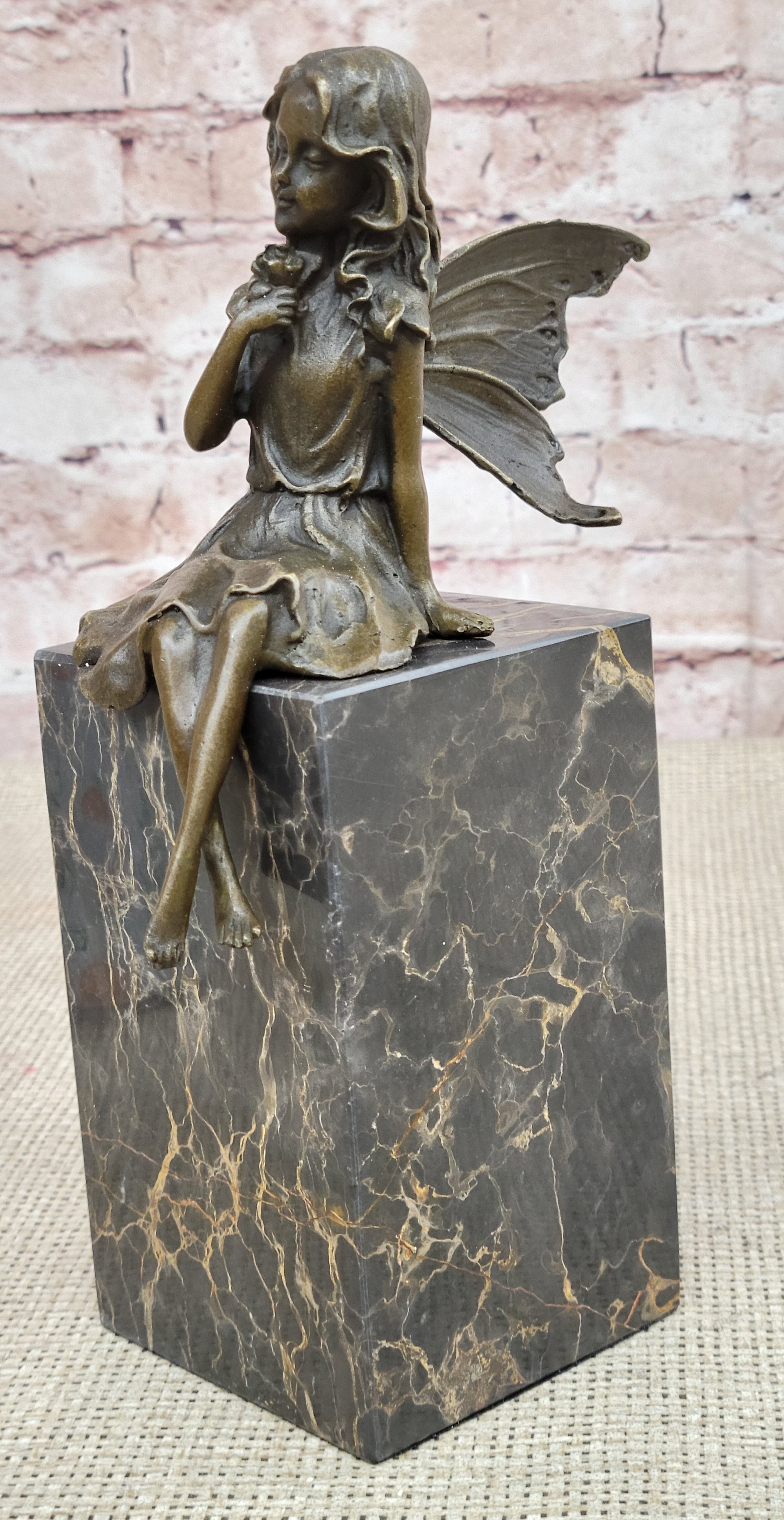 Hot Cast Bronze Sculpture Young Child Fairy Angel Girl Holding Flower