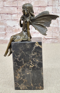 Hot Cast Bronze Sculpture Young Child Fairy Angel Girl Holding Flower