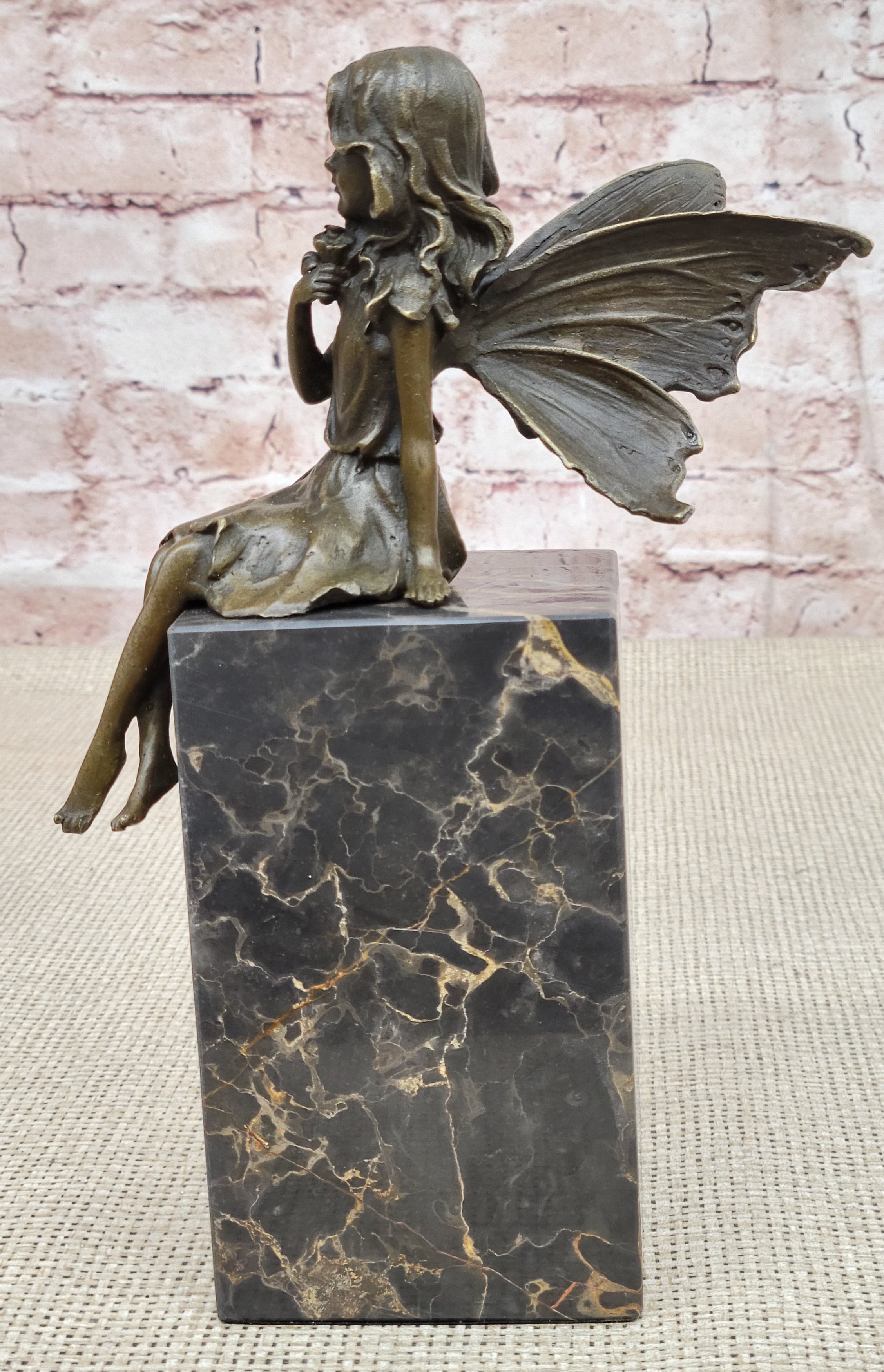 Hot Cast Bronze Sculpture Young Child Fairy Angel Girl Holding Flower