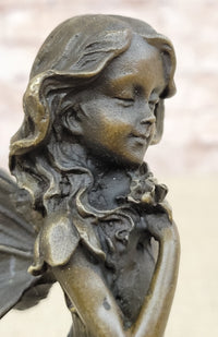 Hot Cast Bronze Sculpture Young Child Fairy Angel Girl Holding Flower