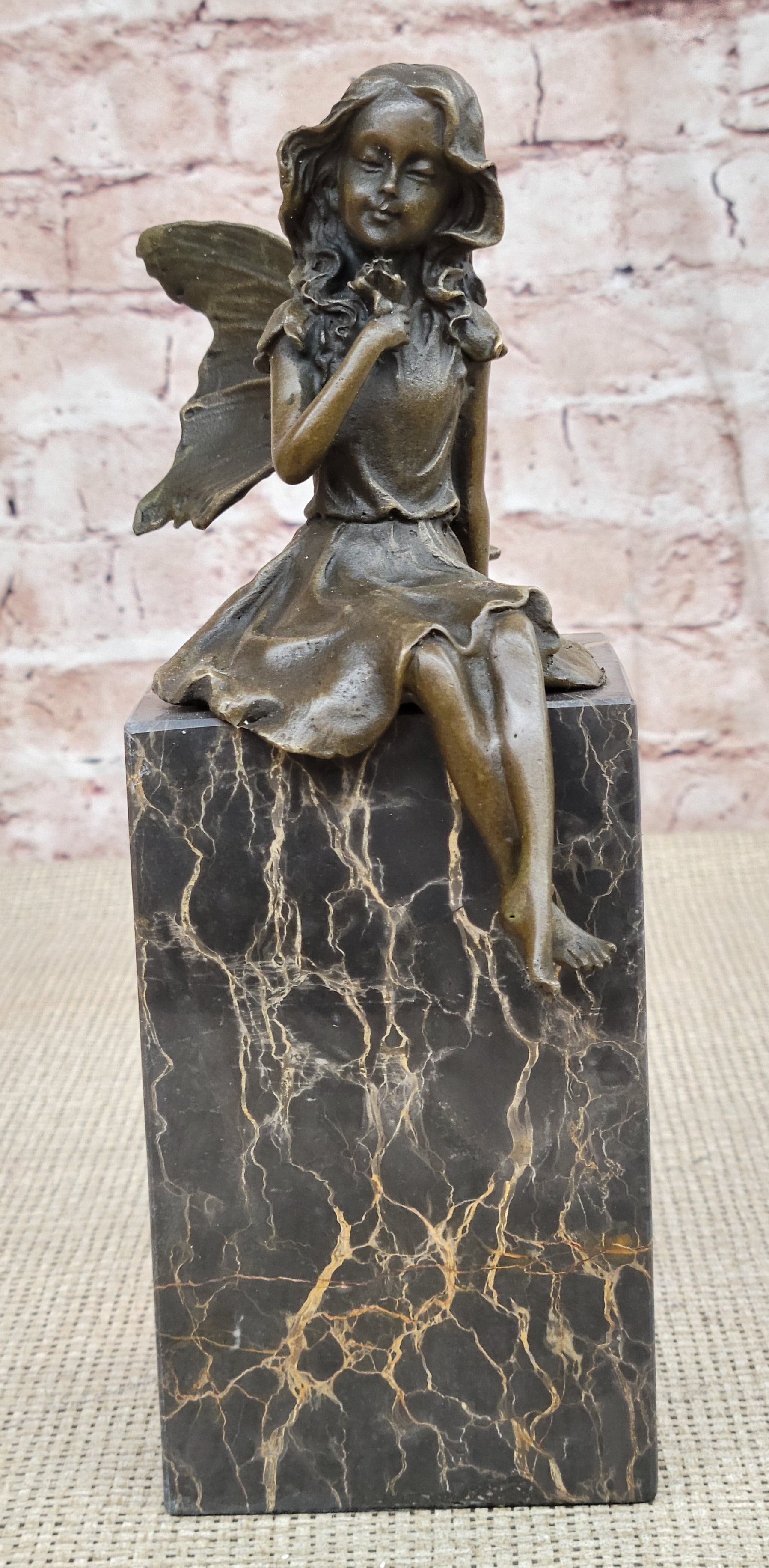 Hot Cast Bronze Sculpture Young Child Fairy Angel Girl Holding Flower