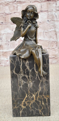 Hot Cast Bronze Sculpture Young Child Fairy Angel Girl Holding Flower