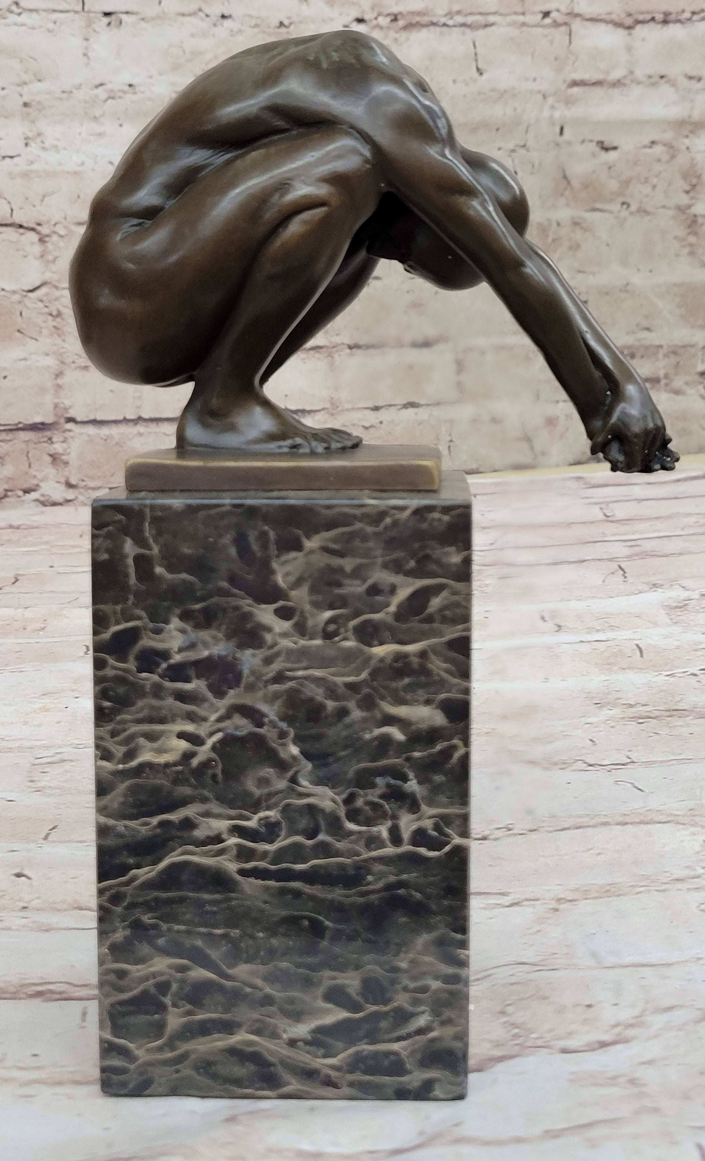 Nude Male Diver Diving Athletic Sensual Elegant Bronze Marble Statue Classical Art