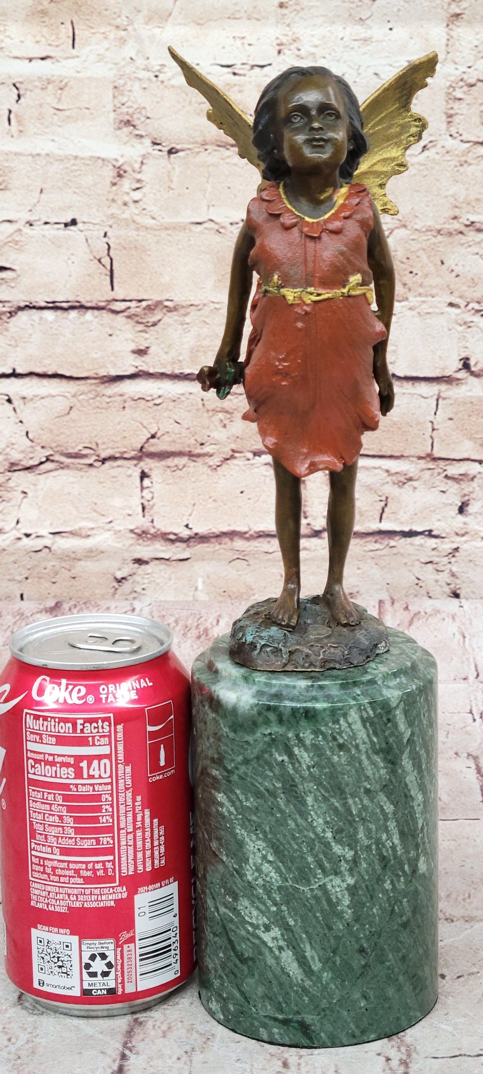 Hot Cast Bronze Young Fairy Girl Winged Angel on Green Marble