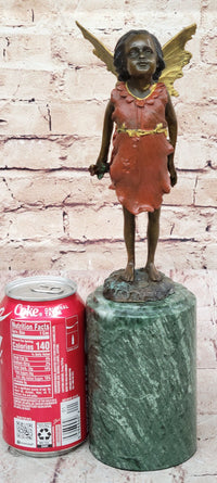 Hot Cast Bronze Young Fairy Girl Winged Angel on Green Marble