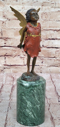 Hot Cast Bronze Young Fairy Girl Winged Angel on Green Marble