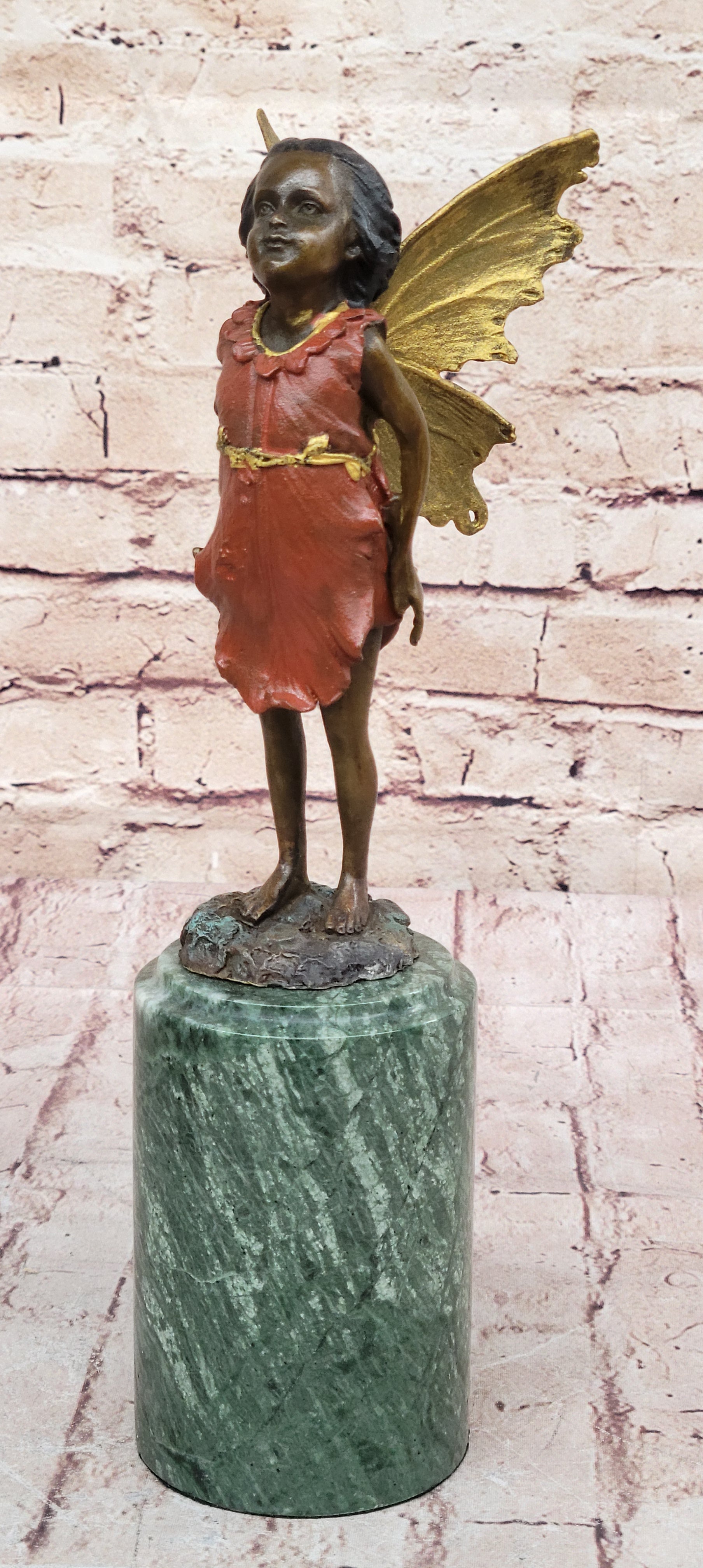 Hot Cast Bronze Young Fairy Girl Winged Angel on Green Marble