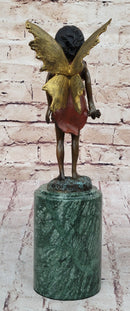 Hot Cast Bronze Young Fairy Girl Winged Angel on Green Marble