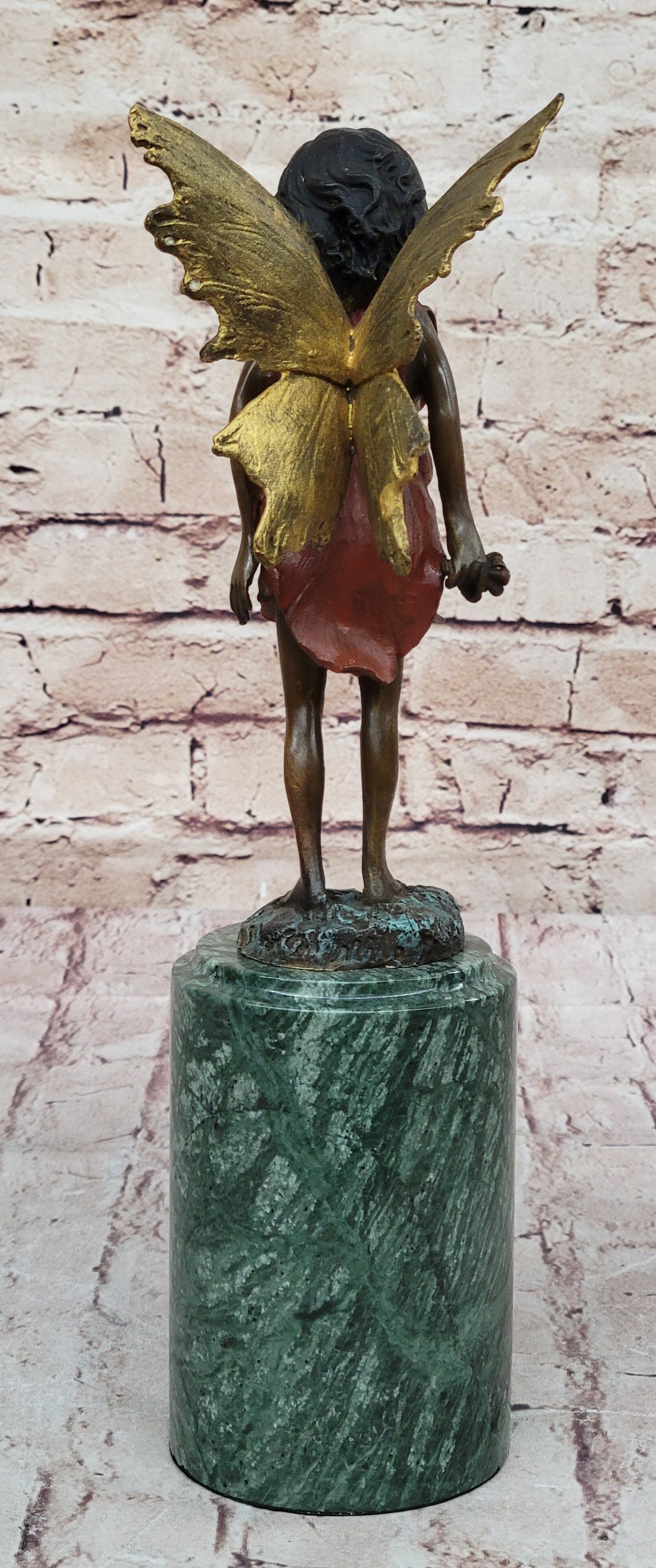 Hot Cast Bronze Young Fairy Girl Winged Angel on Green Marble