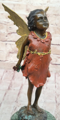 Hot Cast Bronze Young Fairy Girl Winged Angel on Green Marble
