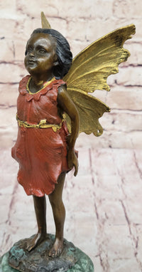 Hot Cast Bronze Young Fairy Girl Winged Angel on Green Marble