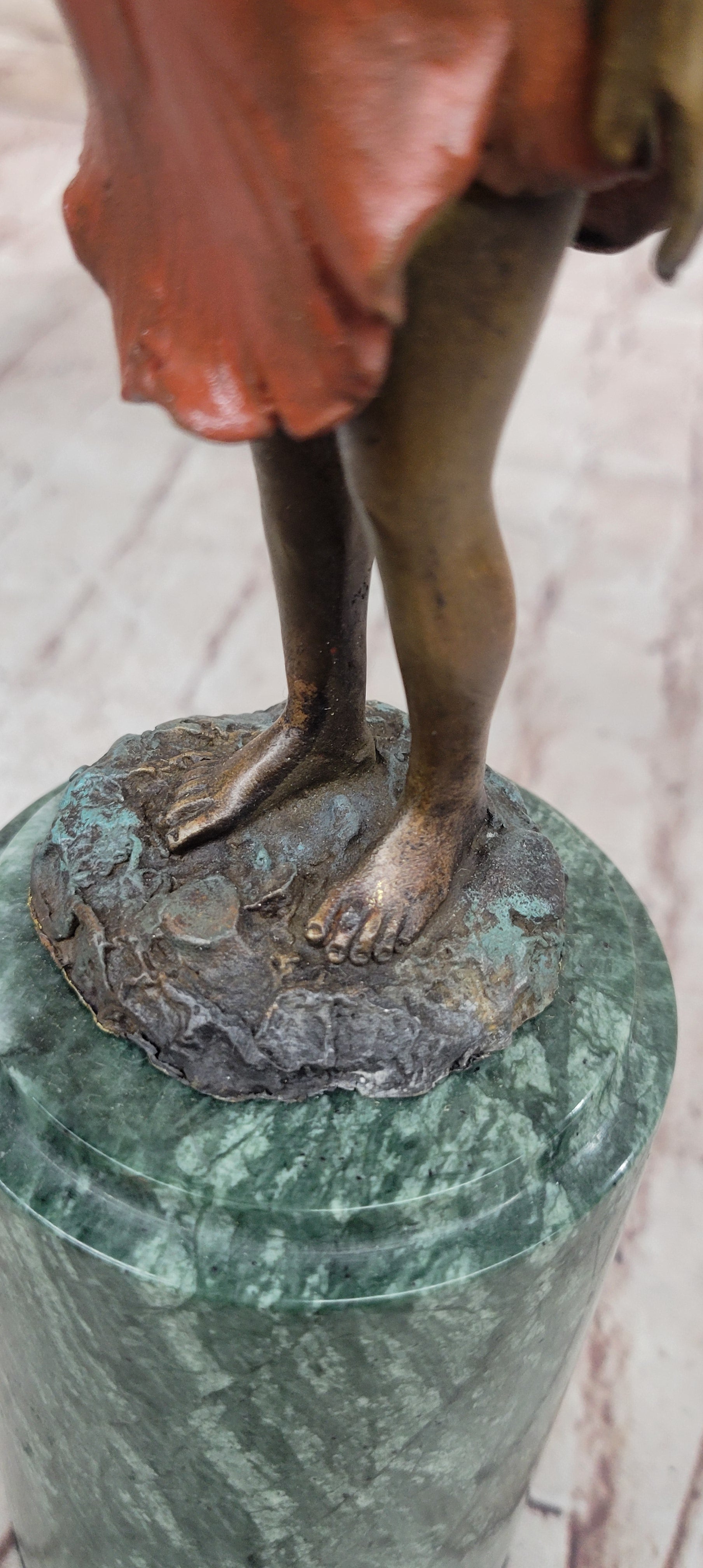 Hot Cast Bronze Young Fairy Girl Winged Angel on Green Marble