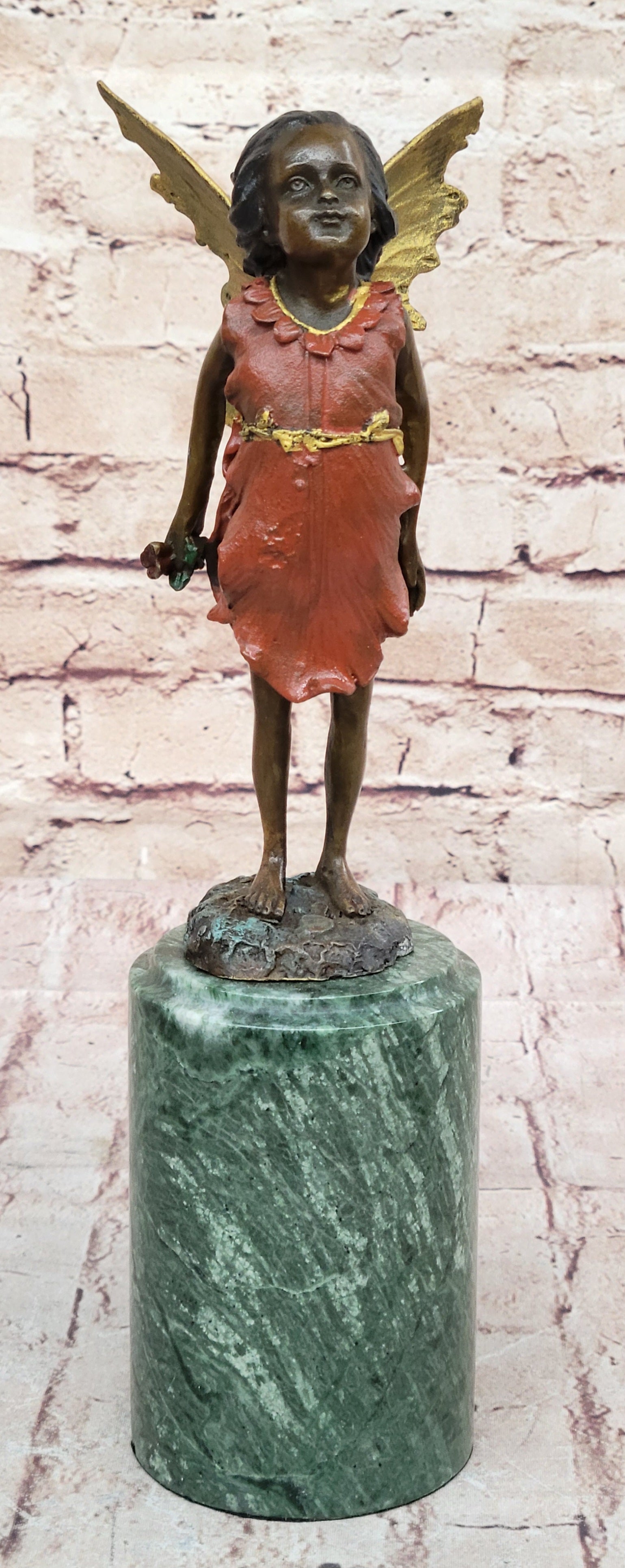 Hot Cast Bronze Young Fairy Girl Winged Angel on Green Marble