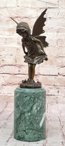 Young Fairy Angel Girl Bronze Sculpture on Green Marble Base