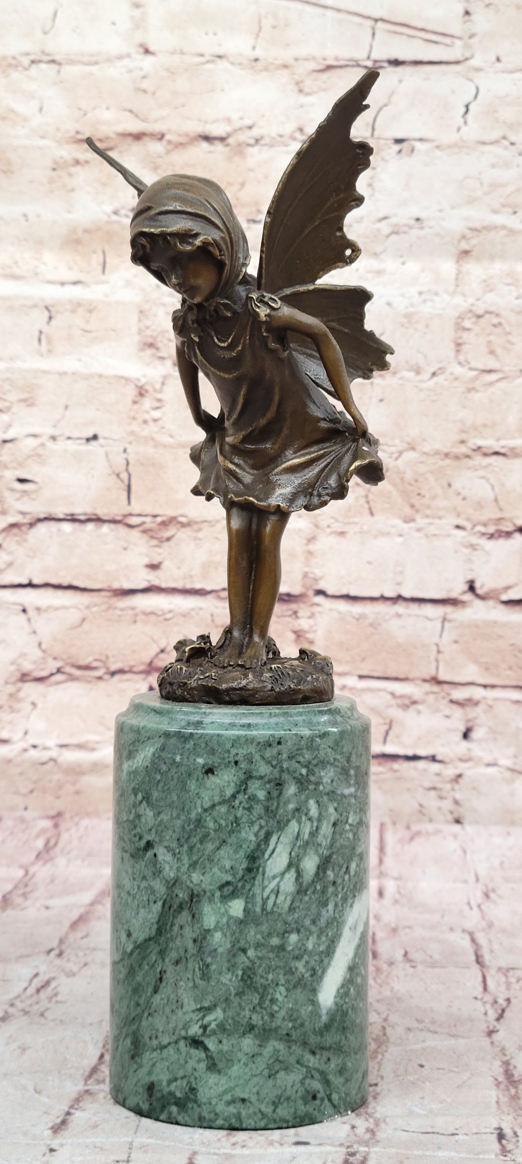 Young Fairy Angel Girl Bronze Sculpture on Green Marble Base