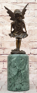 Young Fairy Angel Girl Bronze Sculpture on Green Marble Base