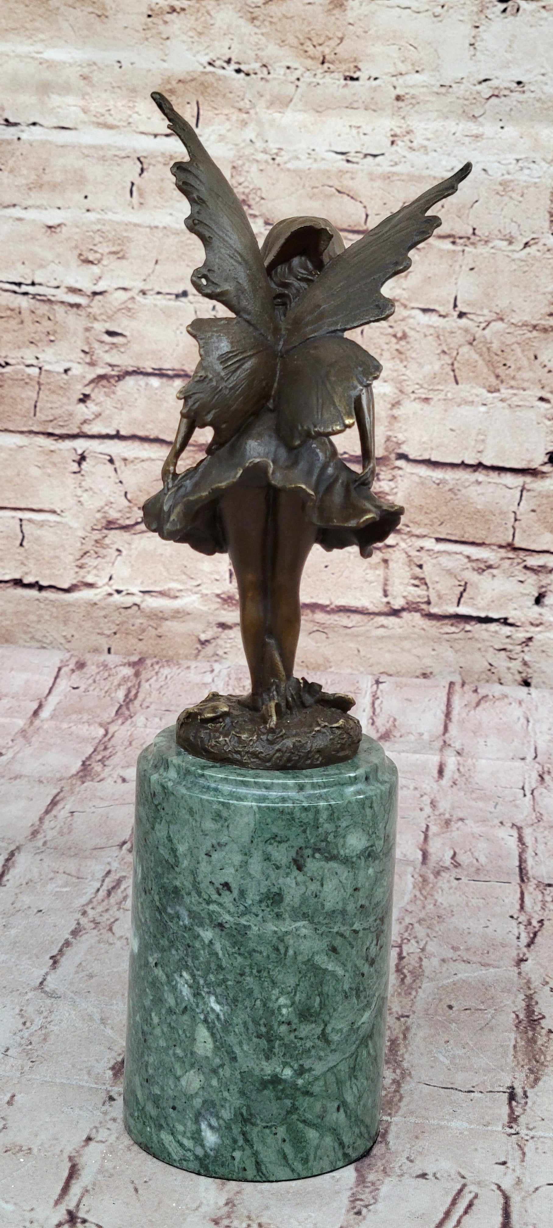 Young Fairy Angel Girl Bronze Sculpture on Green Marble Base
