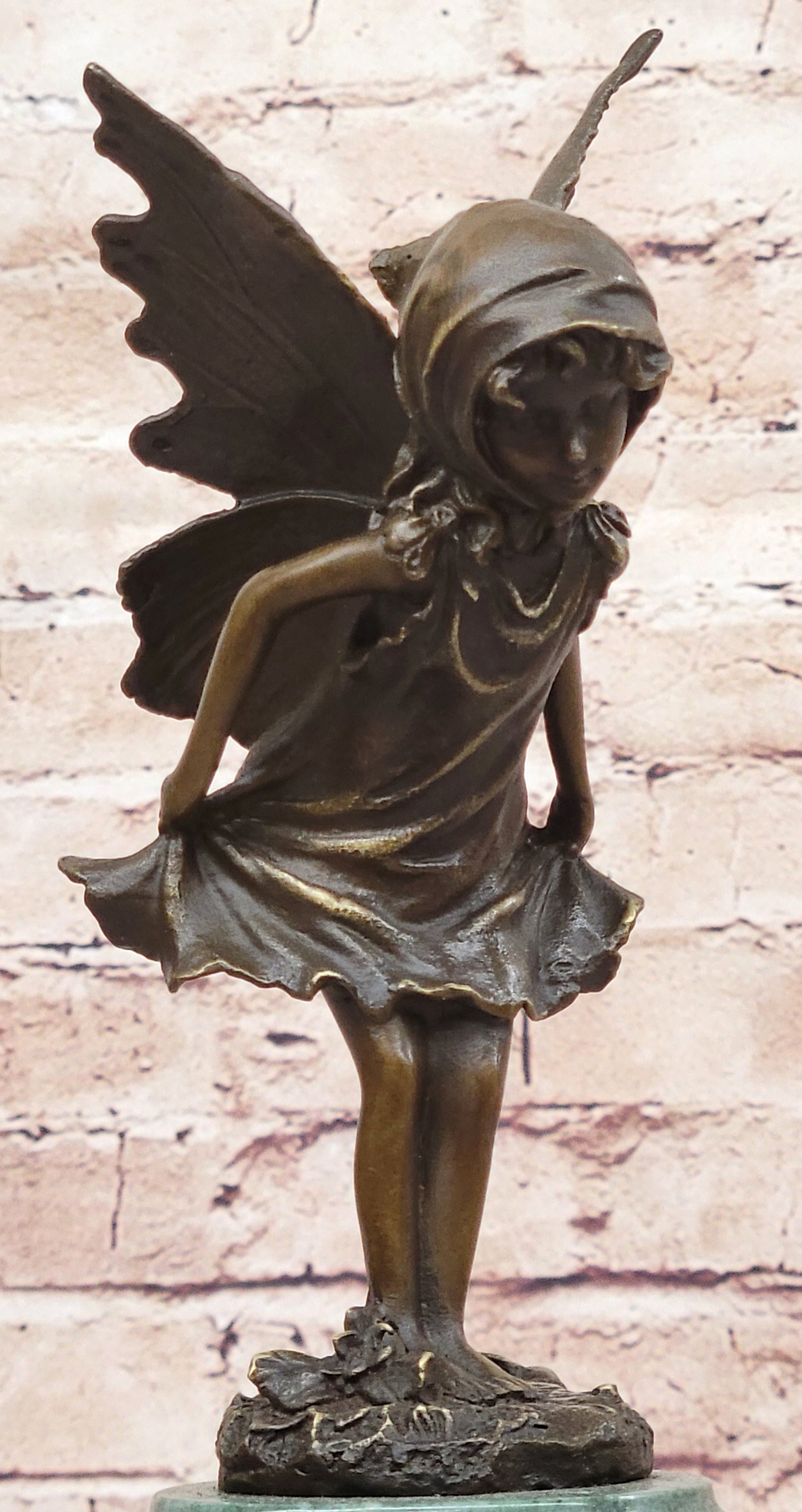 Young Fairy Angel Girl Bronze Sculpture on Green Marble Base