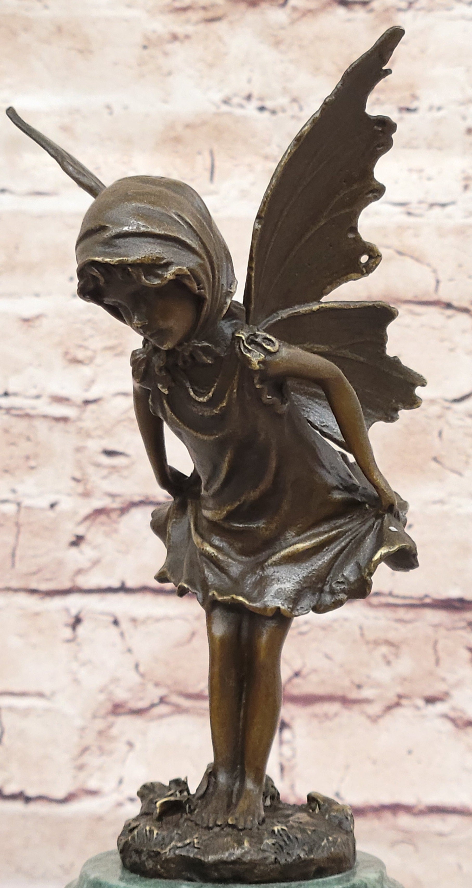 Young Fairy Angel Girl Bronze Sculpture on Green Marble Base
