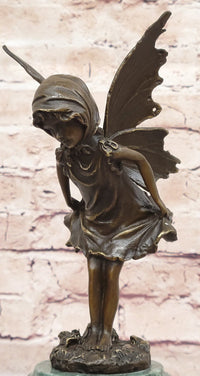 Young Fairy Angel Girl Bronze Sculpture on Green Marble Base