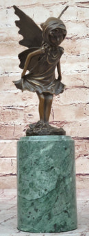 Young Fairy Angel Girl Bronze Sculpture on Green Marble Base