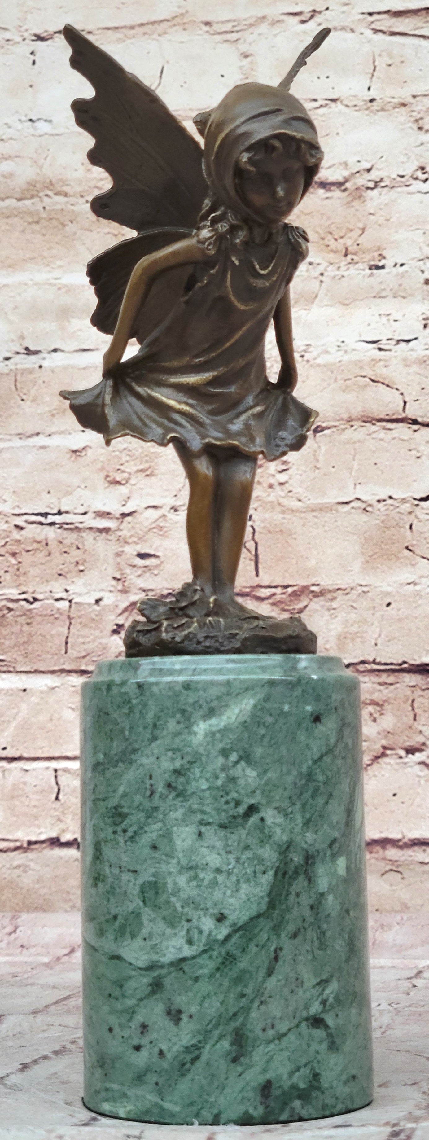 Young Fairy Angel Girl Bronze Sculpture on Green Marble Base
