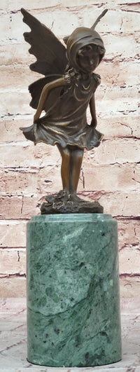 Young Fairy Angel Girl Bronze Sculpture on Green Marble Base