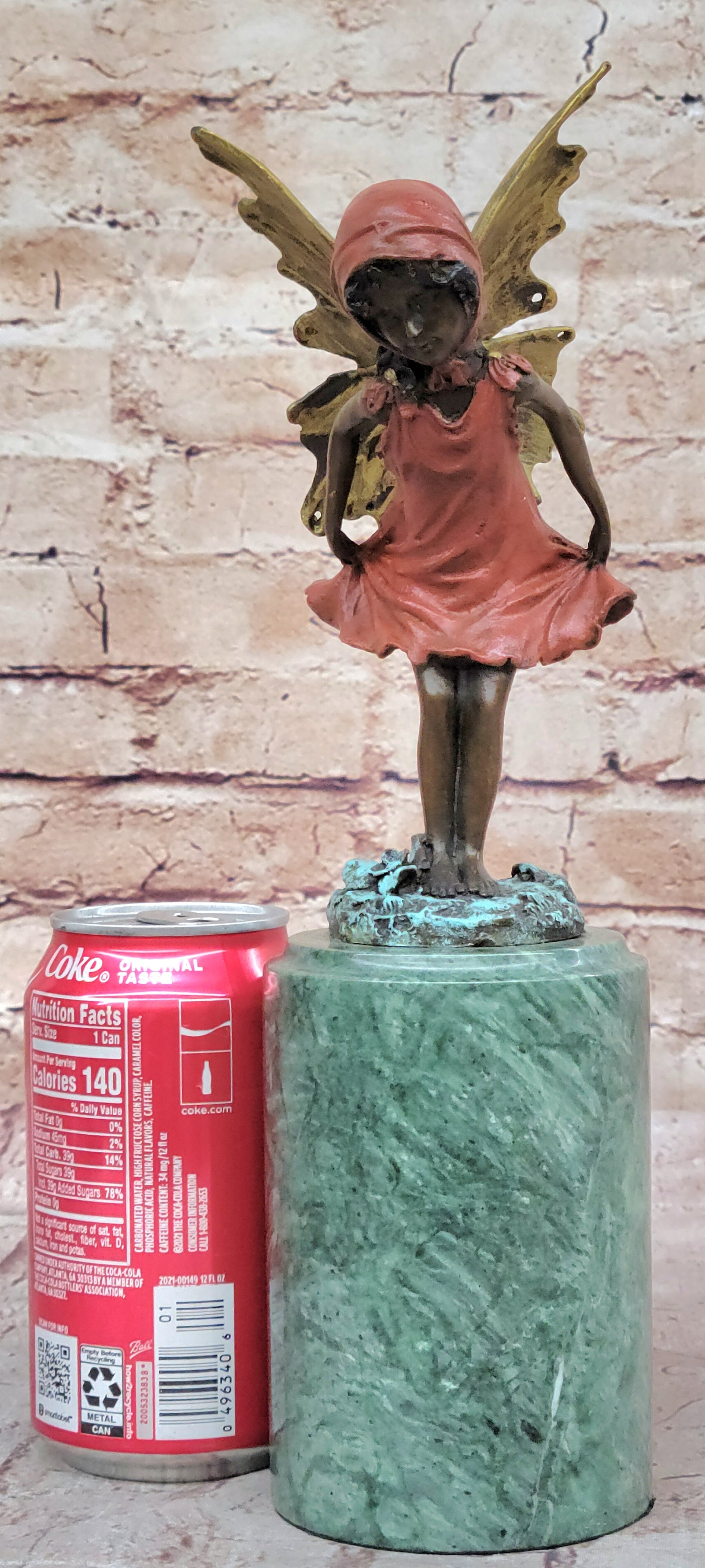 Bronze Figure of Young Fairy Angel Girl on Green Marble Base