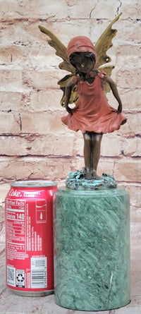 Bronze Figure of Young Fairy Angel Girl on Green Marble Base