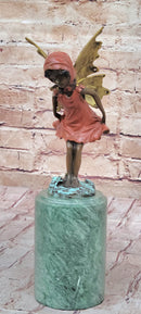 Bronze Figure of Young Fairy Angel Girl on Green Marble Base