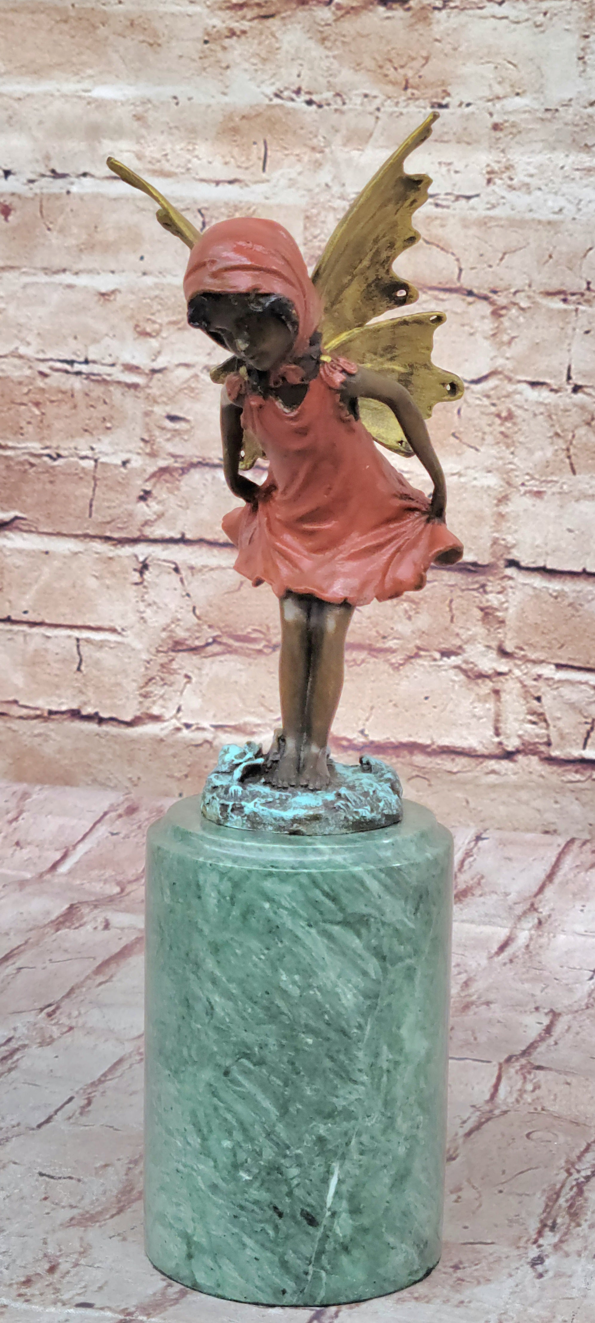 Bronze Figure of Young Fairy Angel Girl on Green Marble Base