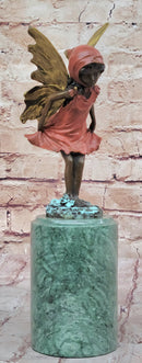 Bronze Figure of Young Fairy Angel Girl on Green Marble Base