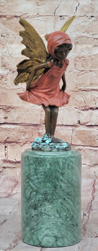 Bronze Figure of Young Fairy Angel Girl on Green Marble Base