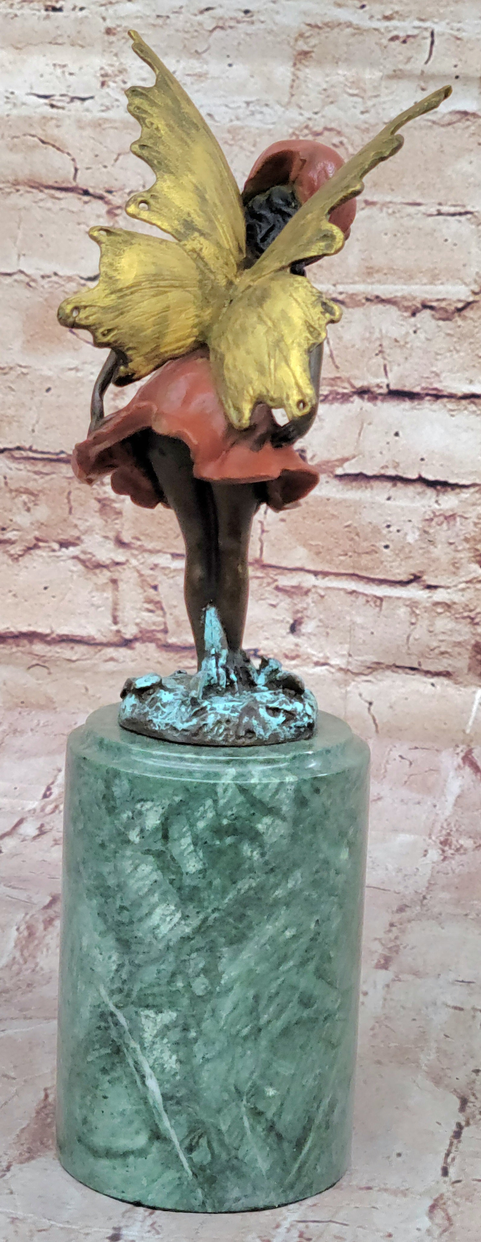 Bronze Figure of Young Fairy Angel Girl on Green Marble Base