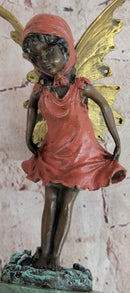 Bronze Figure of Young Fairy Angel Girl on Green Marble Base